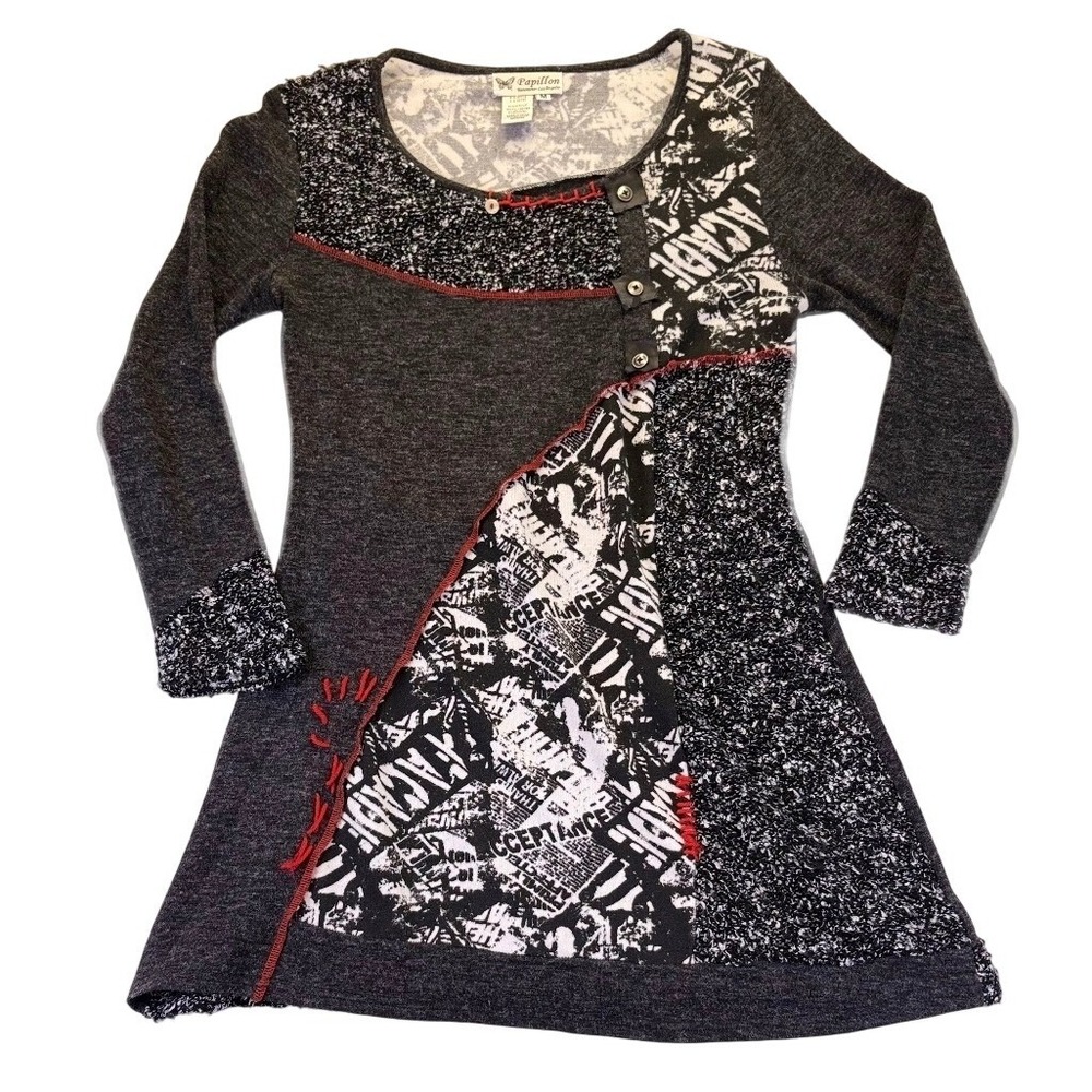 Papillon Los Angeles Patchwork Sweater Dress Newspaper Print Mixed Media Medium